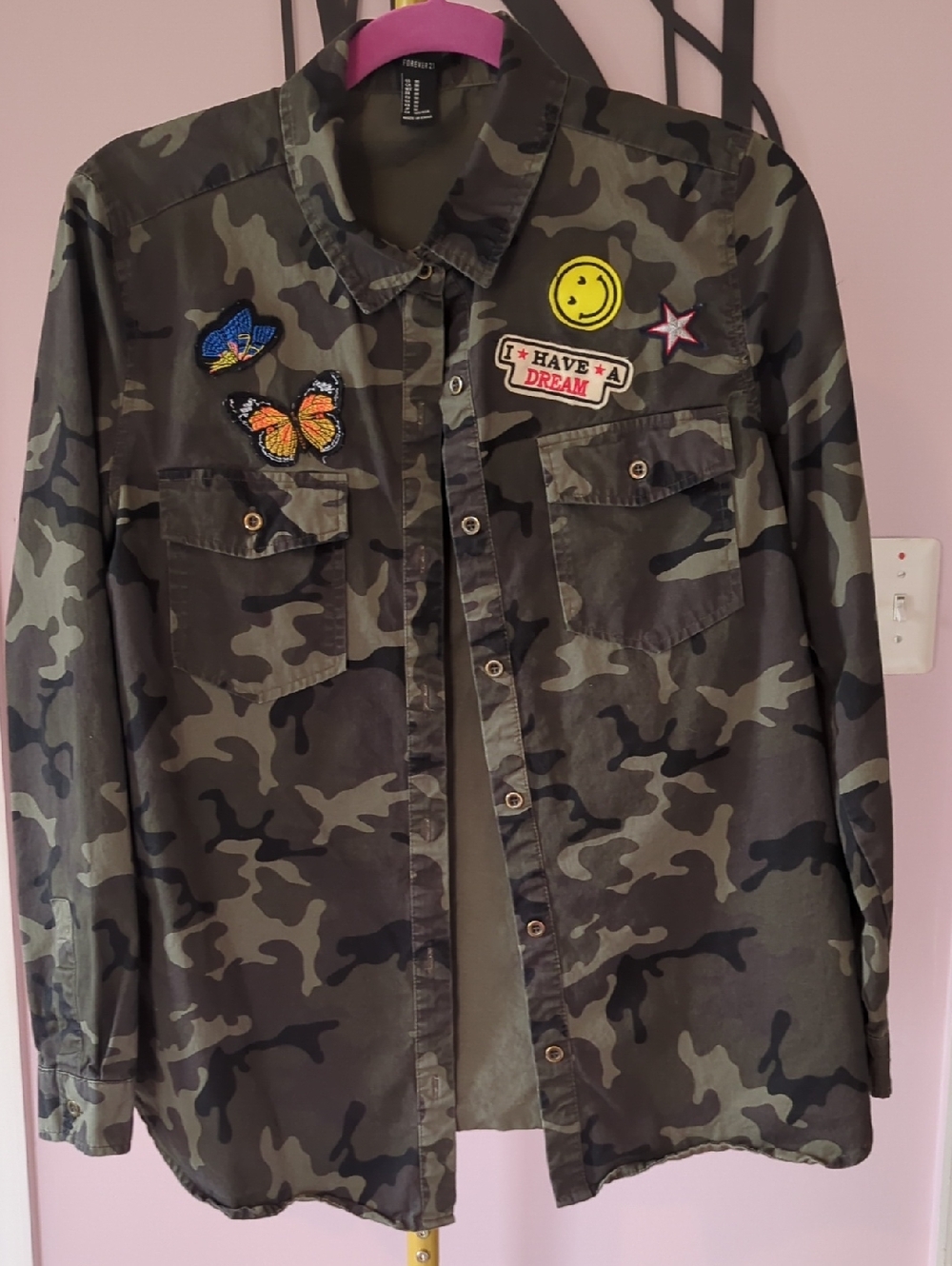 Forever 21 Women's Olive Camo Button-Down Shirt with Patch Details